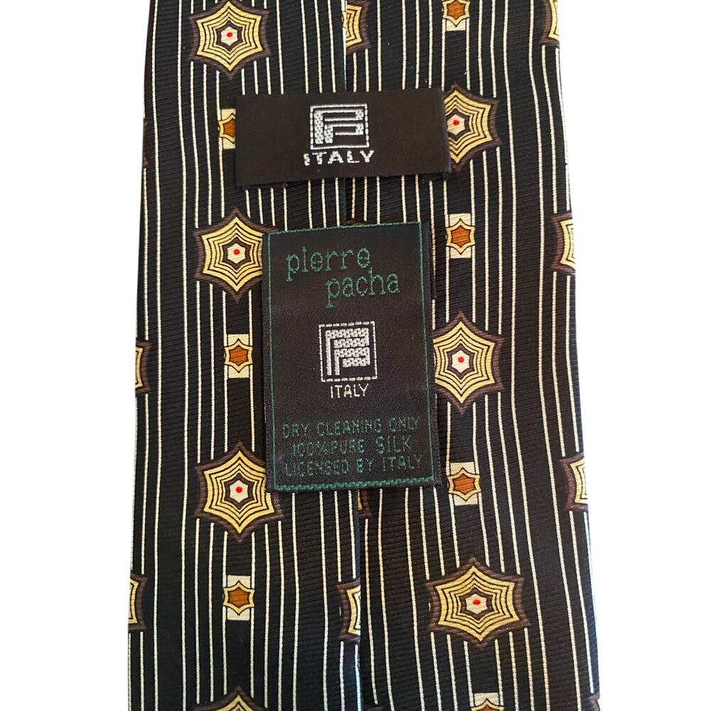 Pierre Pacha Italy 100% Silk Geometric Necktie Black Art Deco Vintage‎